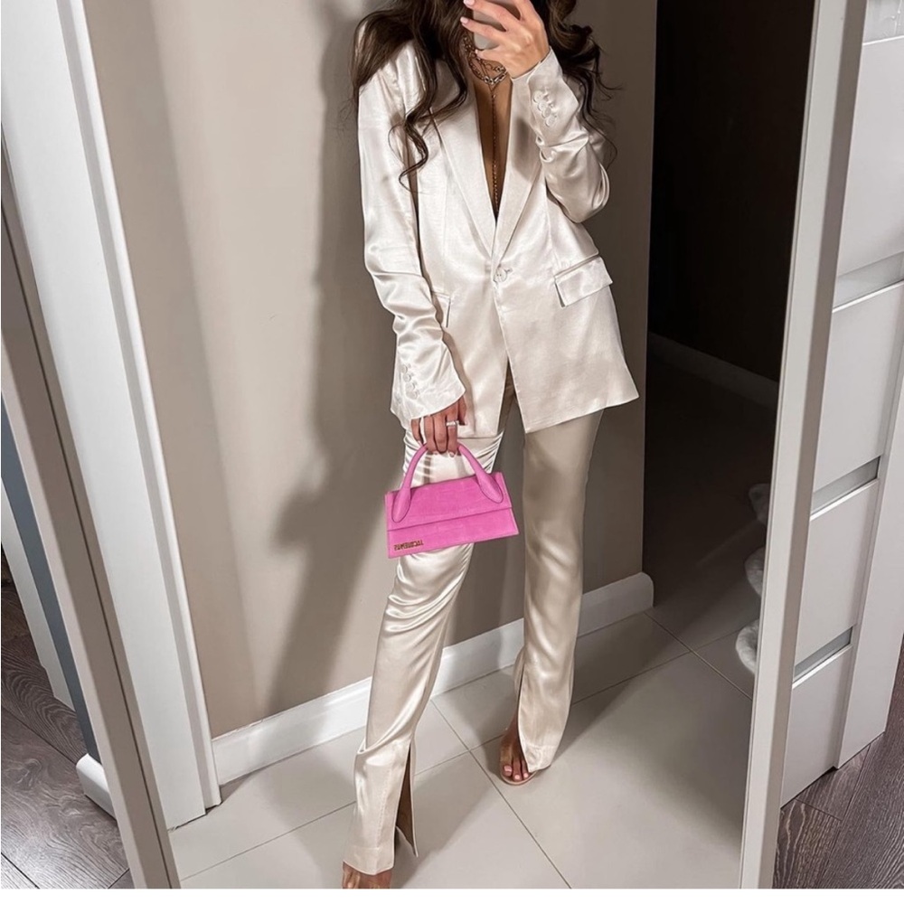 Zara Set - Ivory Ruched Satin Effect Blazer & Full Length Pants